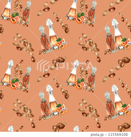 Seamless pattern with watercolor apricot kernels and seeds for design templates for fabric, textiles, wrapping paper, wallpapers, apricot oil in medicine, aromatherapy, cosmetology and cooking 115569108
