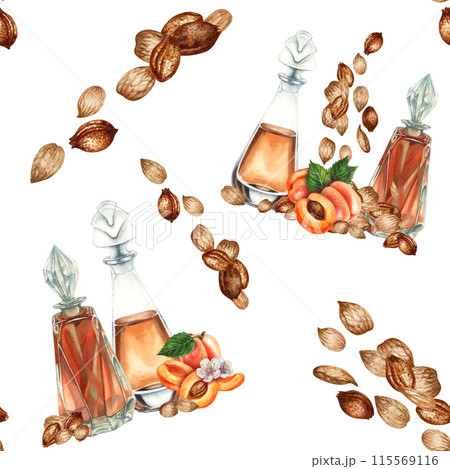 Seamless pattern with watercolor apricot kernels and seeds for design templates for fabric, textiles, wrapping paper, wallpapers, apricot oil in medicine, aromatherapy, cosmetology and cooking 115569116