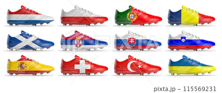 Set of soccer football boots with european flags painted on its. European football match or country championship symbols. 115569231