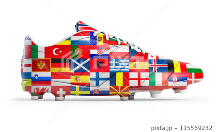 Soccer football boots with european flags painted on its. European football match or country championship. 115569232