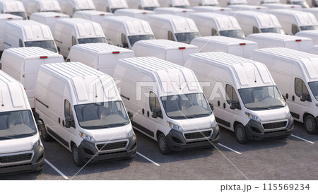Express delivery service concept. Delivery vans and trucks in a row on parking. 115569234