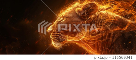 Lion with Fiery Mane in Dark Background. Side profile of a lion with a fiery mane, set against a dark background, creating a powerful and intense scene. Banner with copy space Lion with Fiery Mane in Dark Background. Side profile of a lion with a fiery mane, set against a dark background, creating a powerful and intense scene. Banner with copy space 115569341
