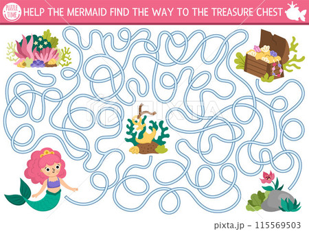 Mermaid maze for kids with treasure chest, seaweeds, anchor. Marine preschool printable activity. Fairytale ocean kingdom labyrinth game, puzzle. Water life worksheet with sea princess 115569503