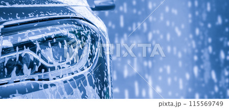 car cleaning and washing with foam soap background car cleaning and washing with foam soap background 115569749