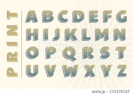 Print 3D vintage halftone alphabet poster. Collage style stencil letters with shadow and polka dot decor. Letters, Numbers, punctuation marks. Retro ABC collection. Typography vector illustration. Print 3D vintage halftone alphabet poster. Collage style stencil letters with shadow and polka dot decor. Letters, Numbers, punctuation marks. Retro ABC collection. Typography vector illustration. 115570187