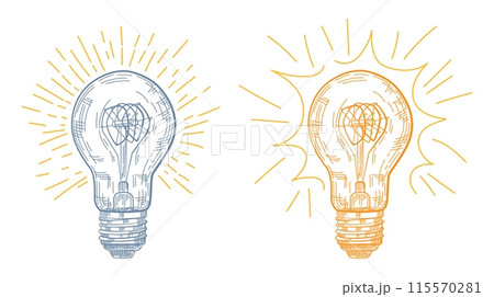 Two light bulb, one yellow and one blue ray. Engraving style. Two light bulb, one yellow and one blue ray. Engraving style. 115570281