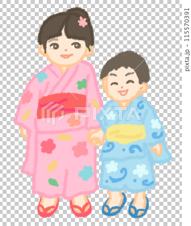 お祭りで浴衣を着た姉と弟 115570391