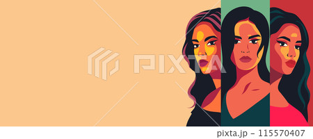 Vector banner for Women's Day with place for text. Beautiful women from different cultures stand side by side. Feminism concept, gender equality, protection of rights and freedoms, women's rights 115570407