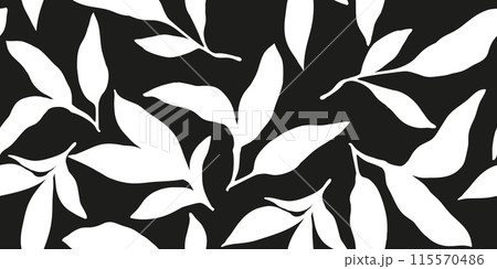 Black and white exotic palm leaves seamless pattern. Brush drawn tropical leaf wallpaper. Black and white exotic palm leaves seamless pattern. Brush drawn tropical leaf wallpaper. 115570486