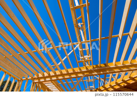 During construction of new home, ceiling rafter framework beams were installed 115570644