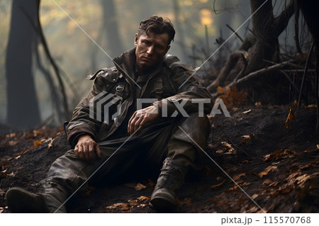 dirty tired soldier sitting in deep forest at autumn evening, neural network generated image 115570768