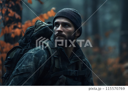 dirty tired soldier in deep forest at , neural network generated image 115570769