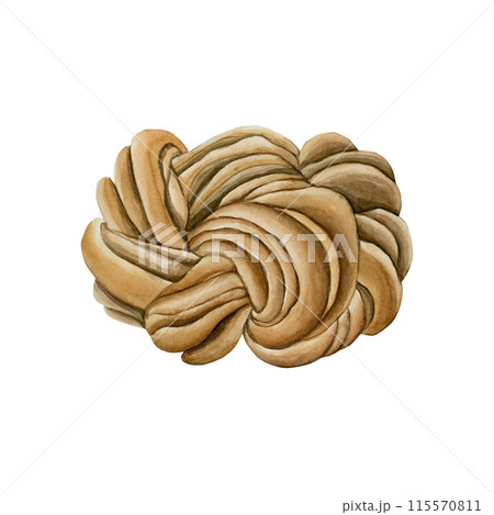 Cinnamon bun. Traditional Swedish cardamom bakery dessert. Cafe sweet food watercolor illustration hand painted isolated on white background. Pastry twist for confectionery design, menu, table textile 115570811