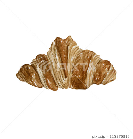 Croissant. French puff flaky bakery dessert. Cafe sweet food watercolor illustration hand painted isolated on white background. Bagel for confectionery design, cafe menu, table textile, packages Croissant. French puff flaky bakery dessert. Cafe sweet food watercolor illustration hand painted isolated on white background. Bagel for confectionery design, cafe menu, table textile, packages 115570813