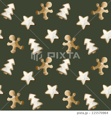 Gingerbread cookies. Watercolor seamless pattern on dark green background with Christmas sweets for holiday design, table textile, delicious prints, winter fabrics, gift wrapping paper Gingerbread cookies. Watercolor seamless pattern on dark green background with Christmas sweets for holiday design, table textile, delicious prints, winter fabrics, gift wrapping paper 115570964
