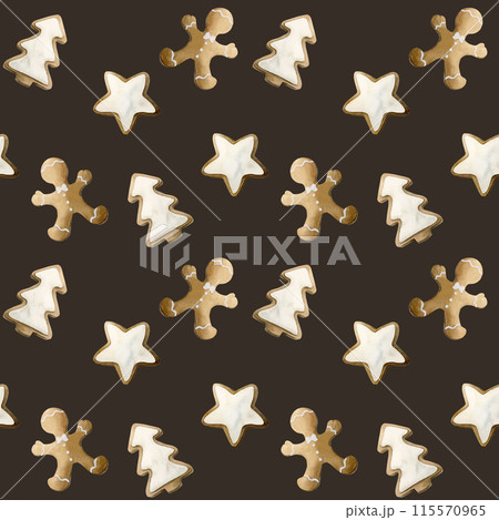Gingerbread cookies. Watercolor seamless pattern on dark background with Christmas sweets for holiday design, table textile, delicious prints, winter fabrics, gift wrapping paper Gingerbread cookies. Watercolor seamless pattern on dark background with Christmas sweets for holiday design, table textile, delicious prints, winter fabrics, gift wrapping paper 115570965