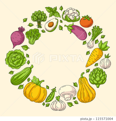 Farm vegetables icons set, vector square card, colorful round frame. Space for text, isolated background. Organic food, natural veggies, eco products. For banner, poster, menu, flyer, social media Farm vegetables icons set, vector square card, colorful round frame. Space for text, isolated background. Organic food, natural veggies, eco products. For banner, poster, menu, flyer, social media 115571004