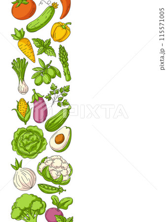 Farm vegetables set, vector vertical poster a4, colorful icons border frame. Space for text, isolated background. Organic food, natural veggies, eco products. For banner, menu, flyer, cover, market Farm vegetables set, vector vertical poster a4, colorful icons border frame. Space for text, isolated background. Organic food, natural veggies, eco products. For banner, menu, flyer, cover, market 115571005