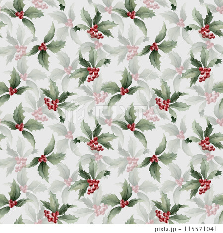 Holly berry branches with red berries and leaves. Watercolor seamless pattern on blue background with Christmas floral elements for holiday design, table textile, winter fabrics, gift wrapping paper 115571041