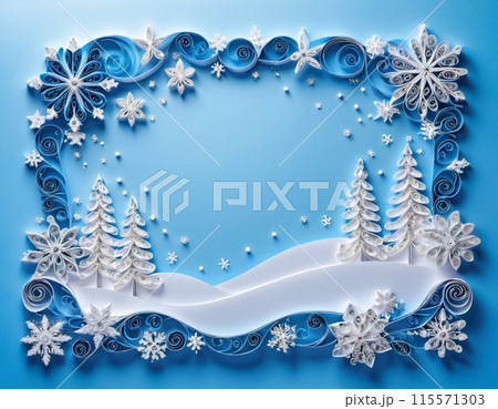 Close-up of a paper quilling artwork depicting a winter scene. The artwork features white paper curls arranged to form a snowy landscape with trees and a decorative arch of snowflakes. Copy space. AI 115571303