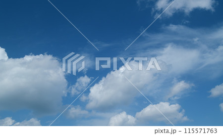 Angel wing shaped cloud cirrus and cumulus on different layers clouds against blue heaven. Cirrus clouds in blue sky. Panoramic skyscape. Timelapse. 115571763