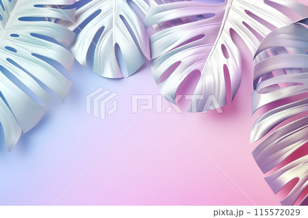 Dreamy, vibrant background with holographic tropical leaves. Copy space for text. Color gradient, y2k style, 2000s. Iridescent surface. Monstera plant. Generative AI. 115572029
