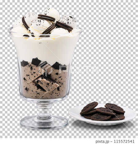 Cookies and cream ice cream in a glass parfait dish layered with crushed Oreo cookies-transparent-3 Cookies and cream ice cream in a glass parfait dish layered with crushed Oreo cookies-transparent-3 115572541