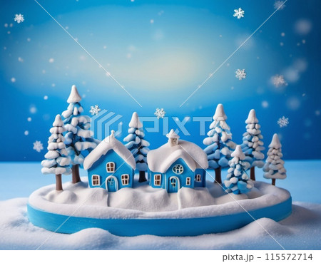 Whimsical village, gingerbread house, snow-covered roofs, windows and chimney. House is surrounded by snow and snowflakes. Blue bokeh background. Festive and enchanting winter wonderland. AI generated 115572714