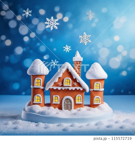 Whimsical village, gingerbread house, snow-covered roofs, windows and chimney. House is surrounded by snow and snowflakes. Blue bokeh background. Festive and enchanting winter wonderland. AI generated 115572719
