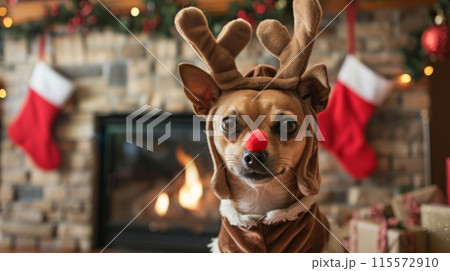 A small, brown dog is dressed up in a reindeer costume with antlers and a red nose A small, brown dog is dressed up in a reindeer costume with antlers and a red nose 115572910