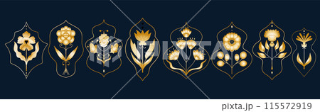 Golden lotus flower logo. Vector design template of lotus icon on dark background with golden effect for eco, beauty, spa, yoga, medical companies. Golden lotus flower logo. Vector design template of lotus icon on dark background with golden effect for eco, beauty, spa, yoga, medical companies. 115572919