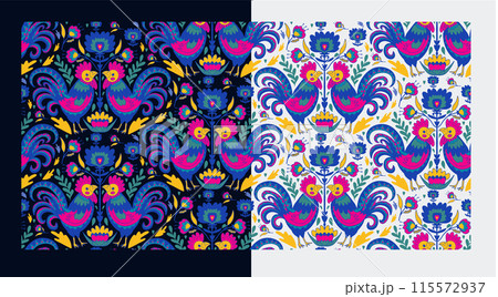 Polish folk art seamless embroidery pattern with flower. floral embroidery ornament with cocks - traditional folk seamless pattern. Vector set  115572937
