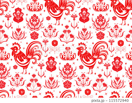 Polish folk art seamless embroidery pattern with flower. floral embroidery ornament with cocks - traditional folk seamless pattern. Vector set  115572940