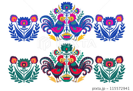 Polish folk art embroidery ornament with cocks - traditional folk floral. Vector illustration 115572941