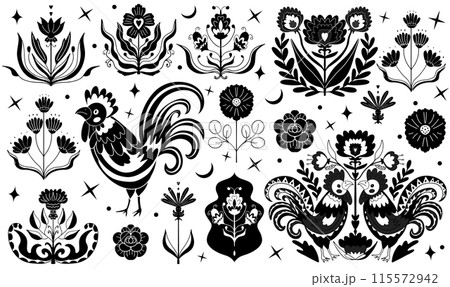 black and white linocut inc folk set. Flower, roosters. Folk art, linocut style. Vintage decorative ornament elements for your design. Vector hand draw illustration. 115572942