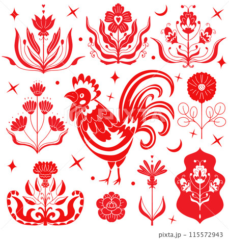 Polish folk art collection embroidery flower. Red floral embroidery ornament with cocks, traditional folk pattern. Vector set  115572943