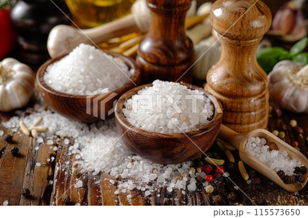 Salt in a bowl on a wooden background. Selective focus. Salt in a bowl on a wooden background. Selective focus. 115573650