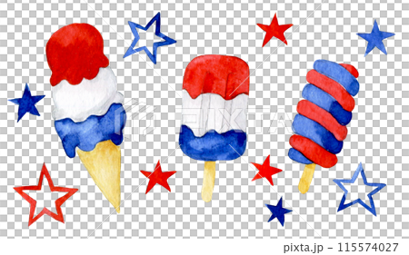 set of ice creams and stars and elements for American Independence Day. watercolor drawing 115574027