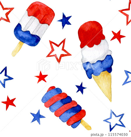 seamless pattern for american independence day. ice cream and stars, fireworks. watercolor drawing seamless pattern for american independence day. ice cream and stars, fireworks. watercolor drawing 115574030