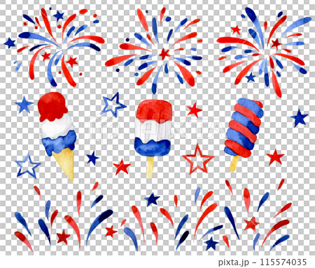set of fireworks and elements for American Independence Day. watercolor drawing 115574035