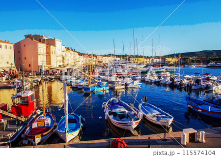 Amazing bay of water of St.Tropez with nautical vessels (sailboats and fishing boats Amazing bay of water of St.Tropez with nautical vessels (sailboats and fishing boats 115574104