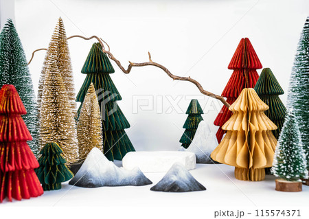 Christmas-themed desktop photo zone on a white background, side view Christmas-themed desktop photo zone on a white background, side view 115574371