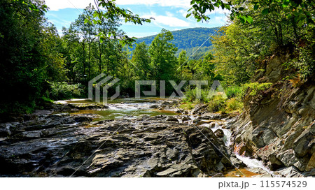 The flow of a mountain river among the stone rocks 115574529