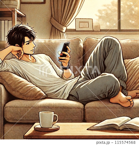 ソファに座りながらスマホをスクロールする男性 ソファに座りながらスマホをスクロールする男性 115574568