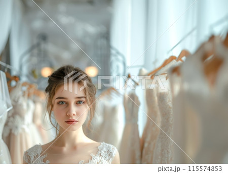 A woman in a wedding dress stands in front of more wedding dresses 115574853