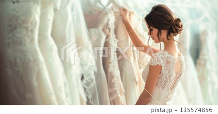 A bride in front of a line of wedding dresses with different styles 115574856