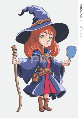 Teenage witch in a blue cloak, hat, with a staff and a mirror isolated on a white background. 115575963