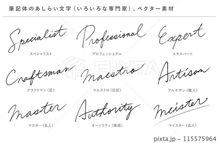 手書き文字のあしらい、筆記体、いろいろな専門家の文字、英語、ベクター素材 115575964