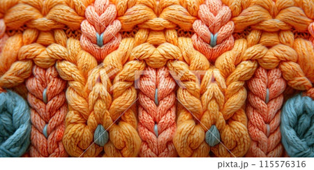 Vibrant orange and blue yarns intricately braided into a textured pattern. 115576316