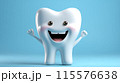 3D Smiling tooth with hands Funny Concept dental Cartoon character on blue background AI Generated 115576638